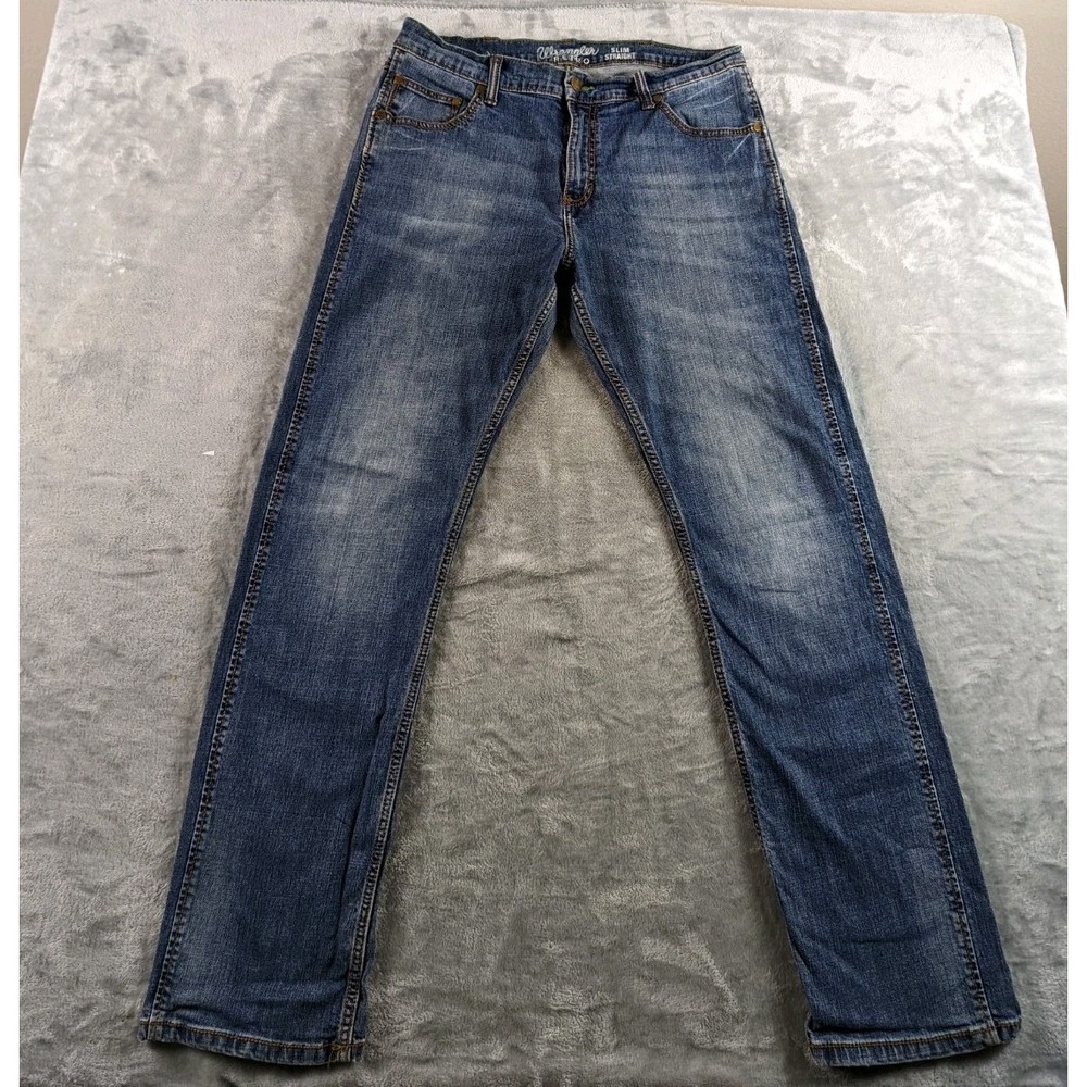 Wrangler Retro Slim Straight Jeans Men 36x32 Blue Stretch Medium Wash Denim READ